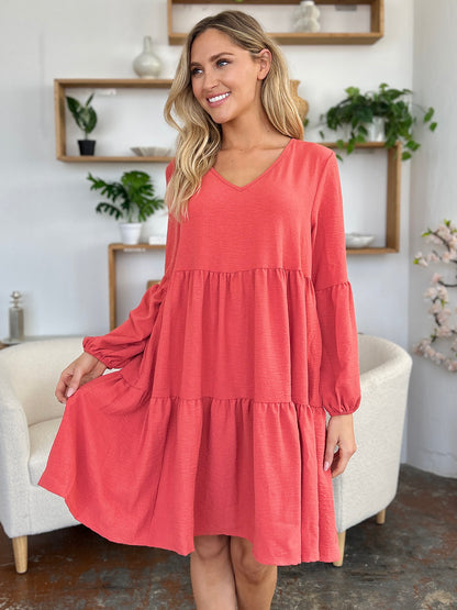 V-Neck Balloon Sleeve Tiered Dress with Pockets