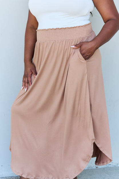 High Waist Scoop Hem Maxi Skirt in Tan