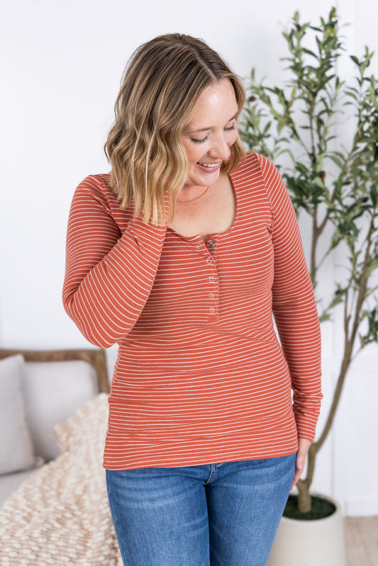 Striped Henley Long Sleeve - Terra Cotta
