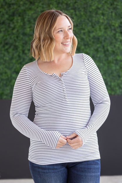 Striped Henley Long Sleeve - White