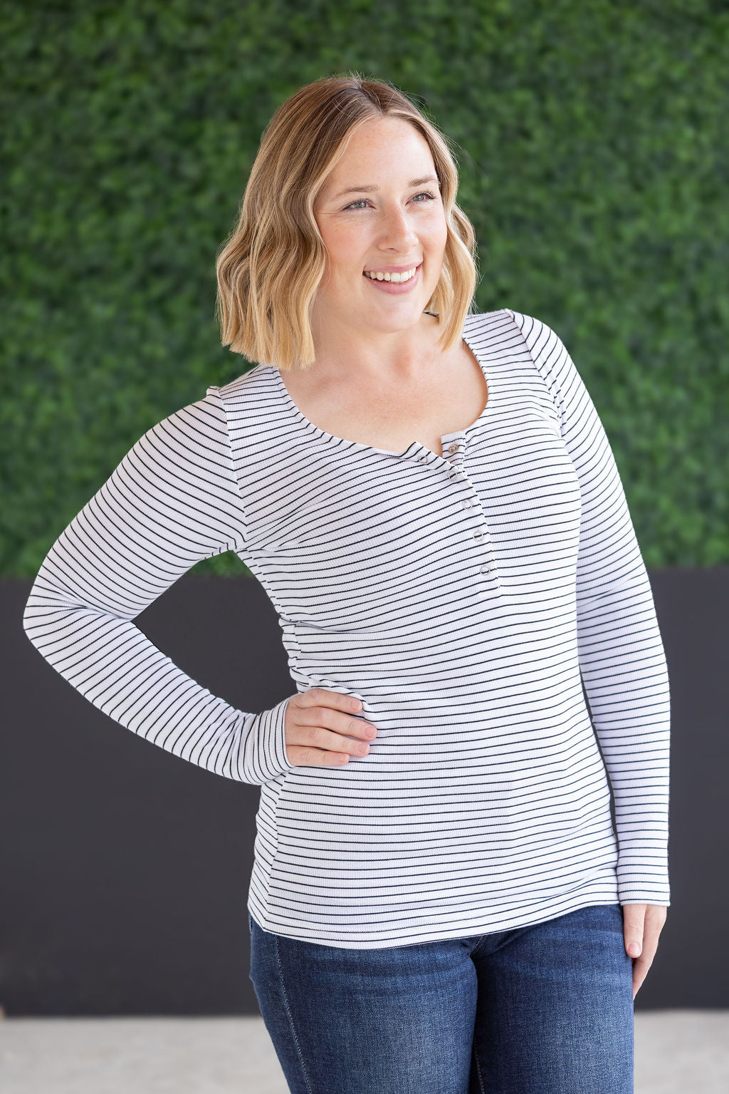 Striped Henley Long Sleeve - White