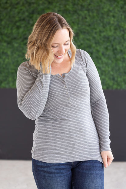Striped Henley Long Sleeve - Gray