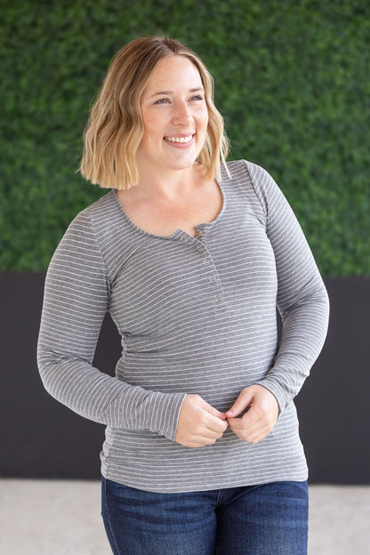 Striped Henley Long Sleeve - Gray