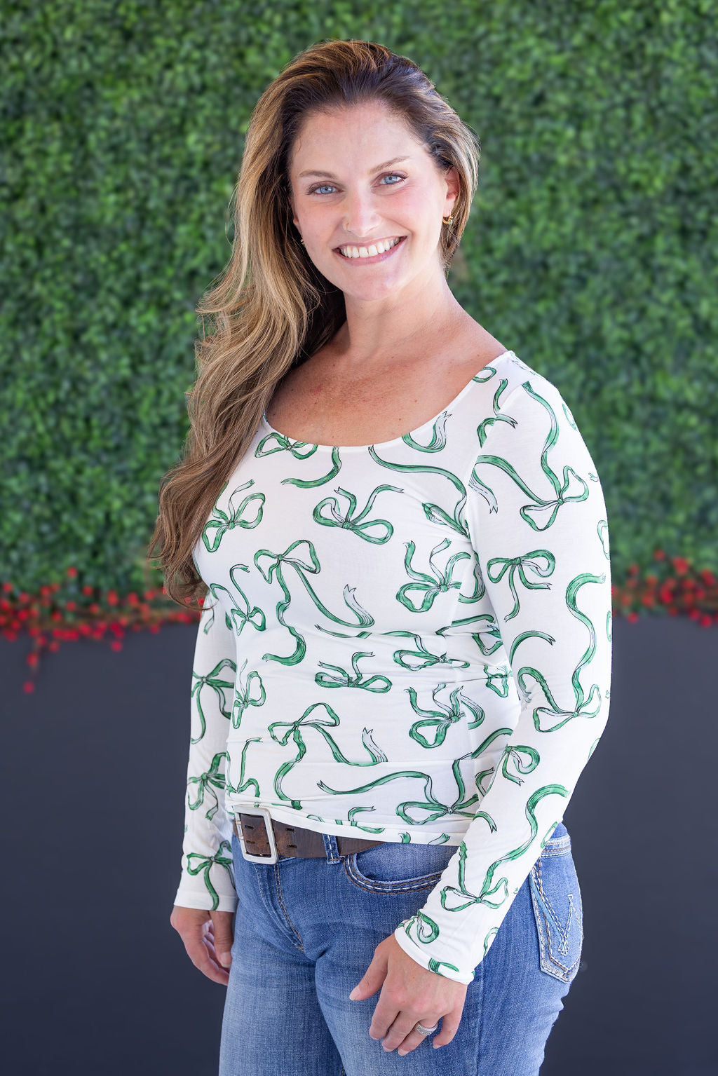 Alyssa Long Sleeve Top - Green Ribbons