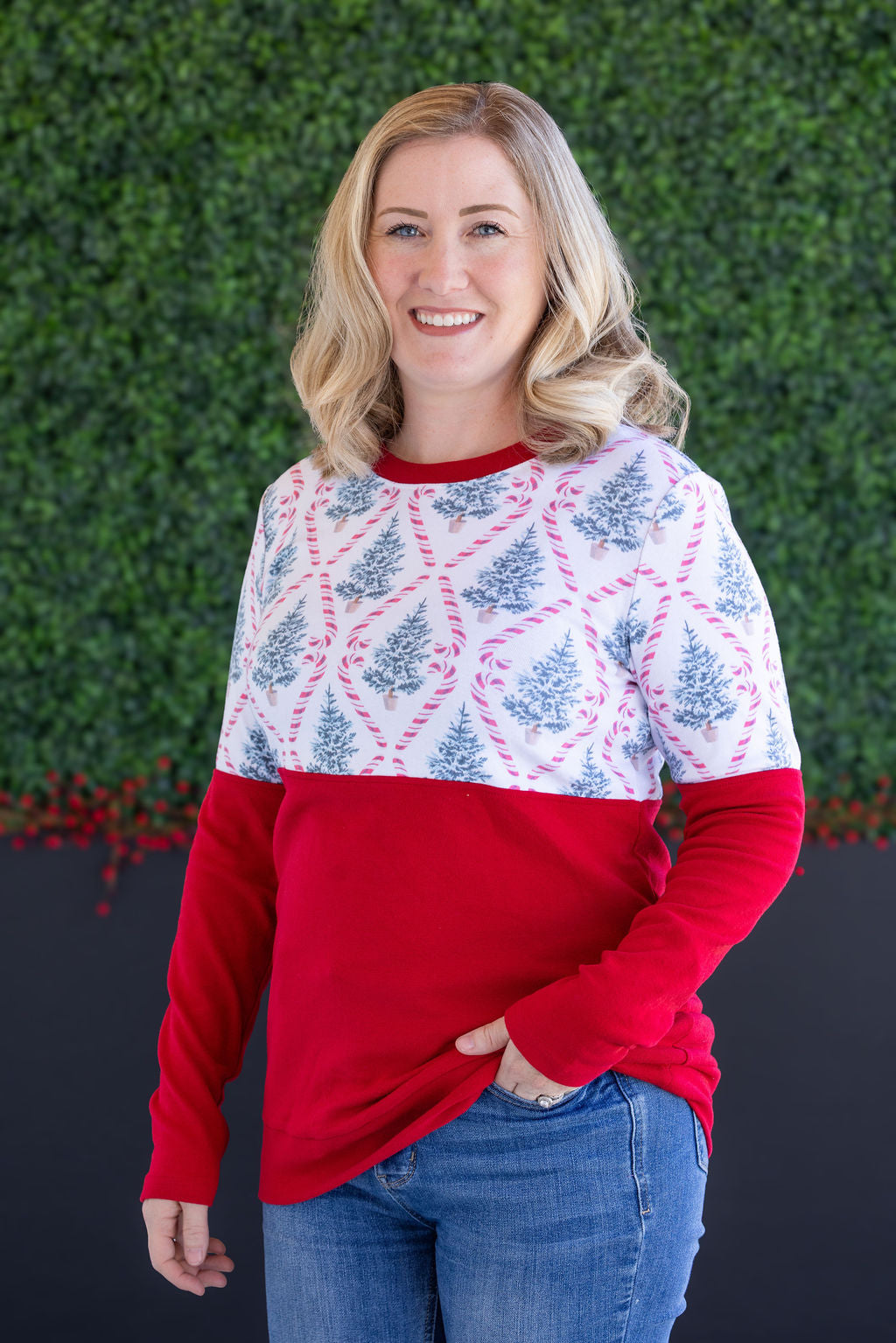 Natalie Pullover -Candy Cane Lane and Red