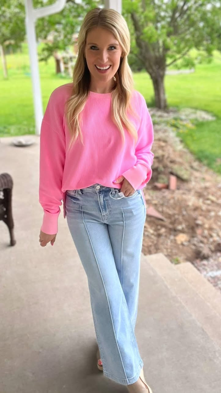 Corded Side Slit Crewneck In Pink
