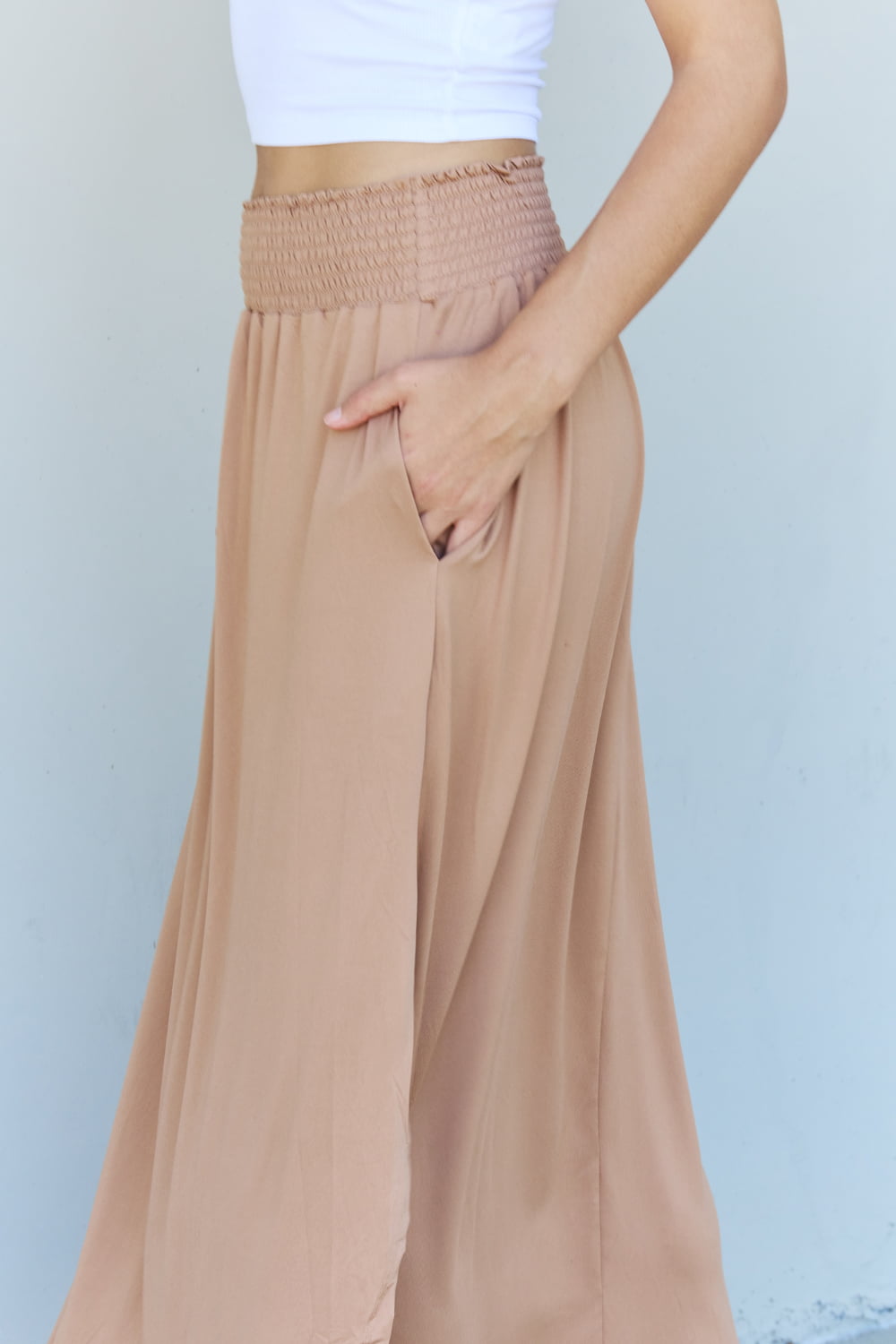 High Waist Scoop Hem Maxi Skirt in Tan