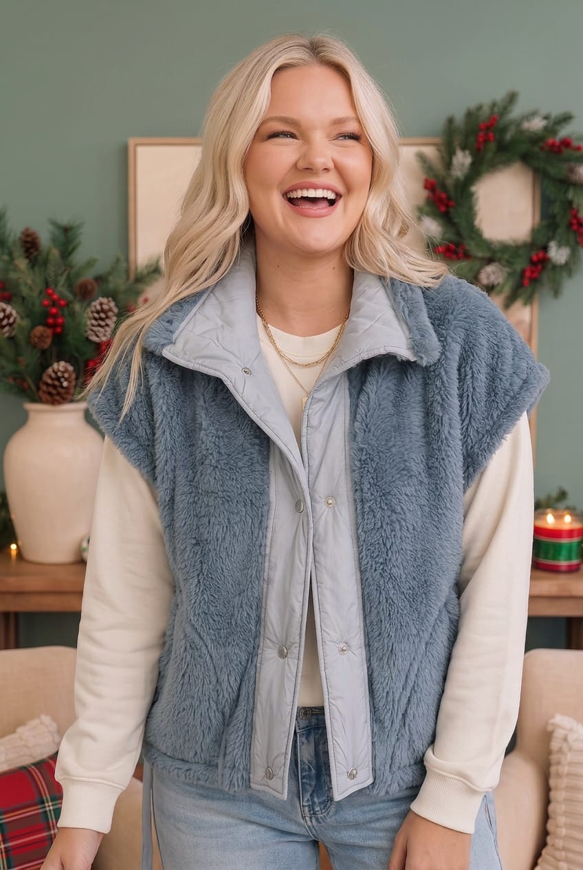 Snuggle Season Sherpa Vest in Slate