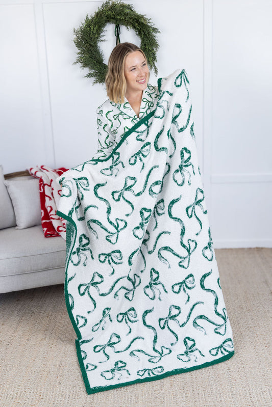 Plush and Fuzzy Blanket - White and Green Ribbons