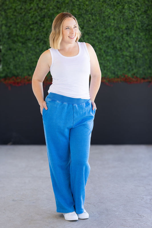 Wide Leg Vintage Wash Bottoms - Winter Blue