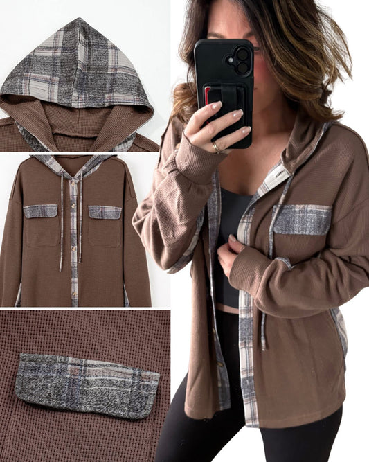 PREORDER: Plaid Mix Waffle Hooded Top