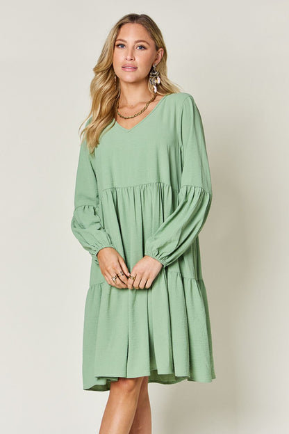 V-Neck Balloon Sleeve Tiered Dress with Pockets