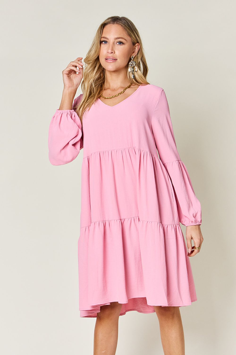 V-Neck Balloon Sleeve Tiered Dress with Pockets