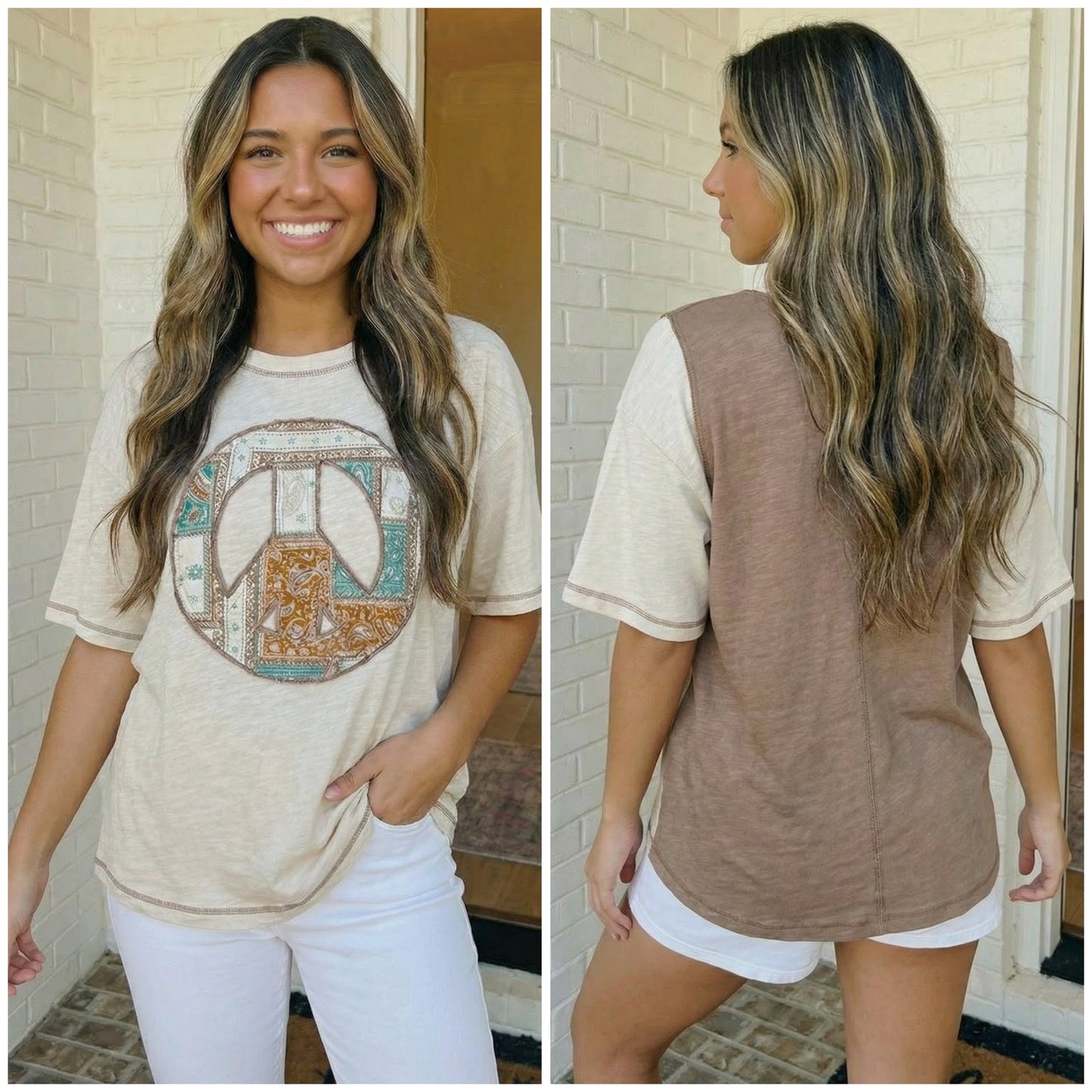 Boho Peace Patchwork Oversized Graphic Tee