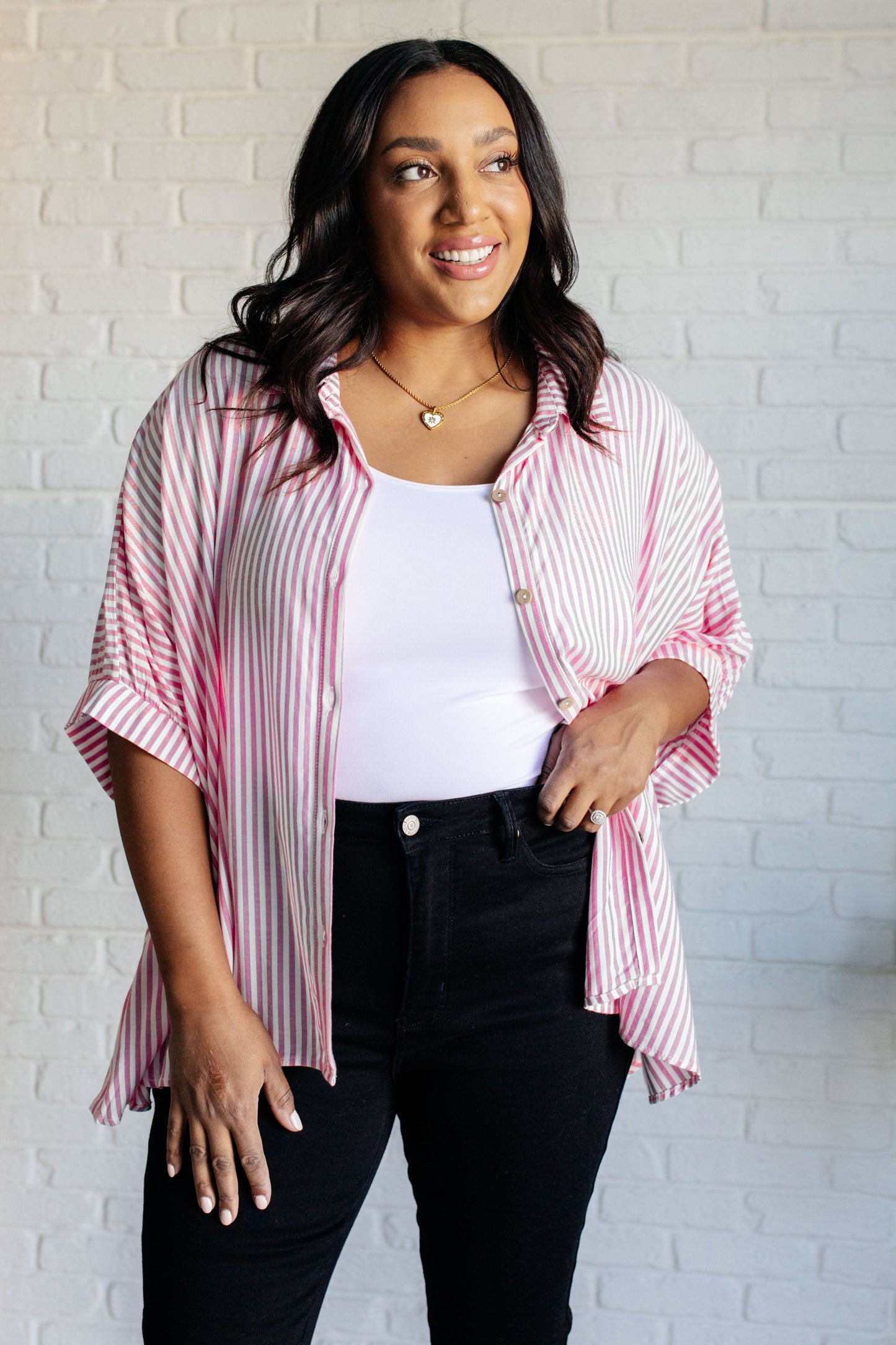 Boxy Striped Button Up in Hot Pink