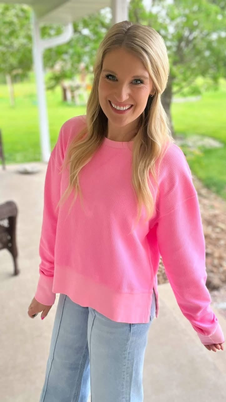 Corded Side Slit Crewneck In Pink
