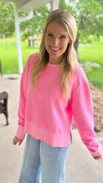 Corded Side Slit Crewneck In Pink