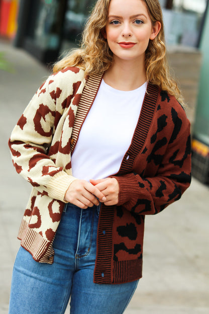 Taupe & Sepia Leopard Print Color Block Cardigan