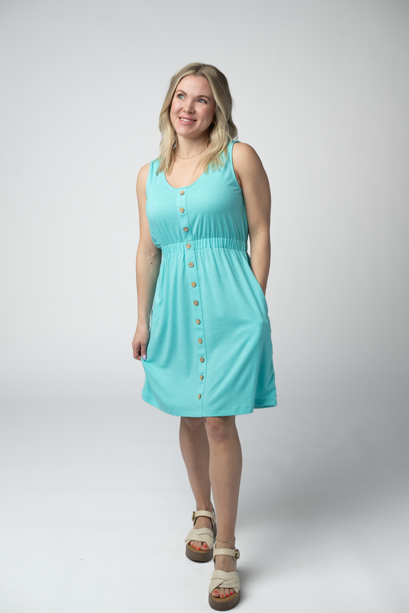 Beverly Button Dress - Aqua