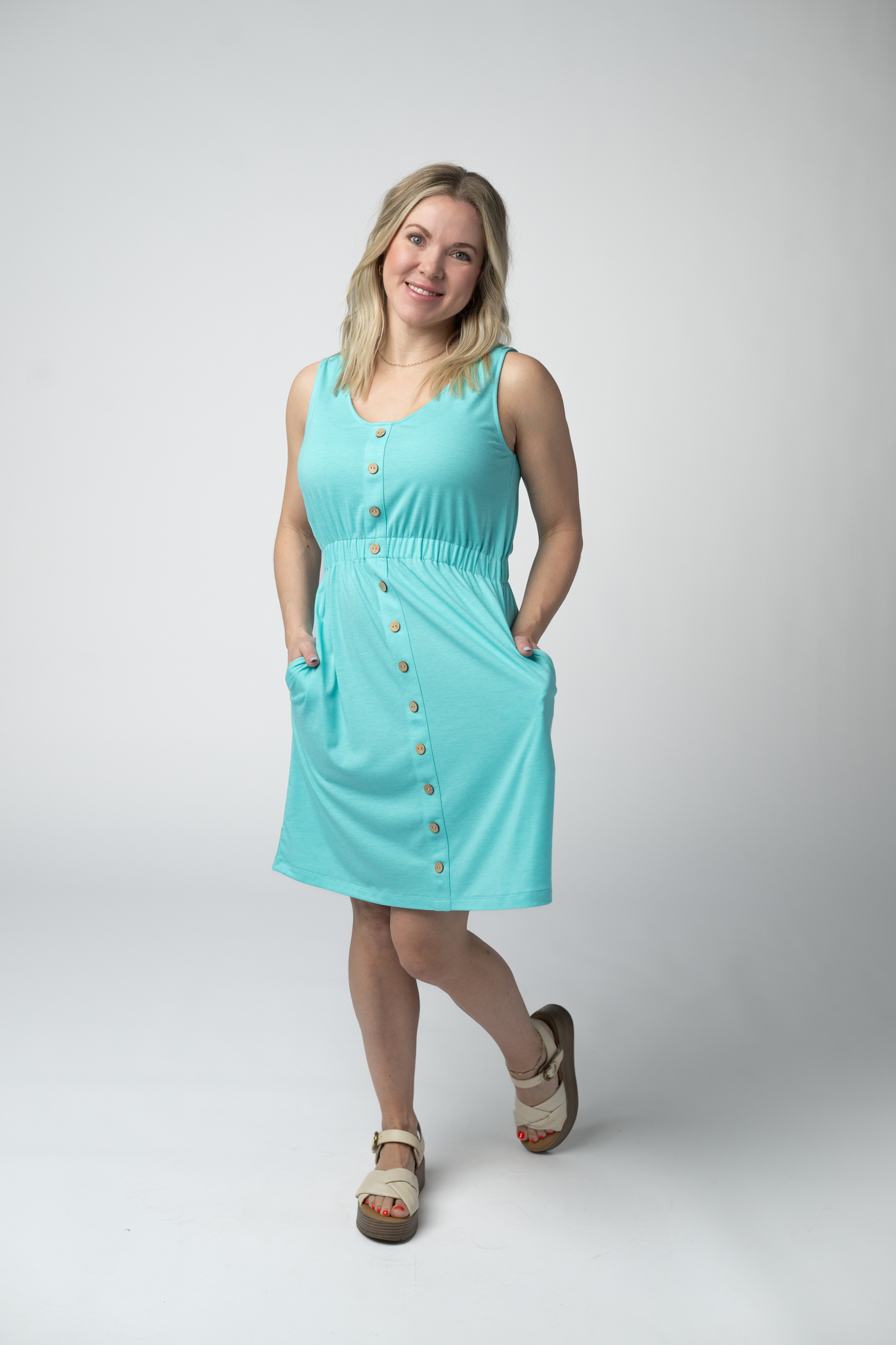 Beverly Button Dress - Aqua