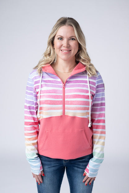 Classic Halfzip Hoodie - Rainbow Stripes and Sun Kissed Coral