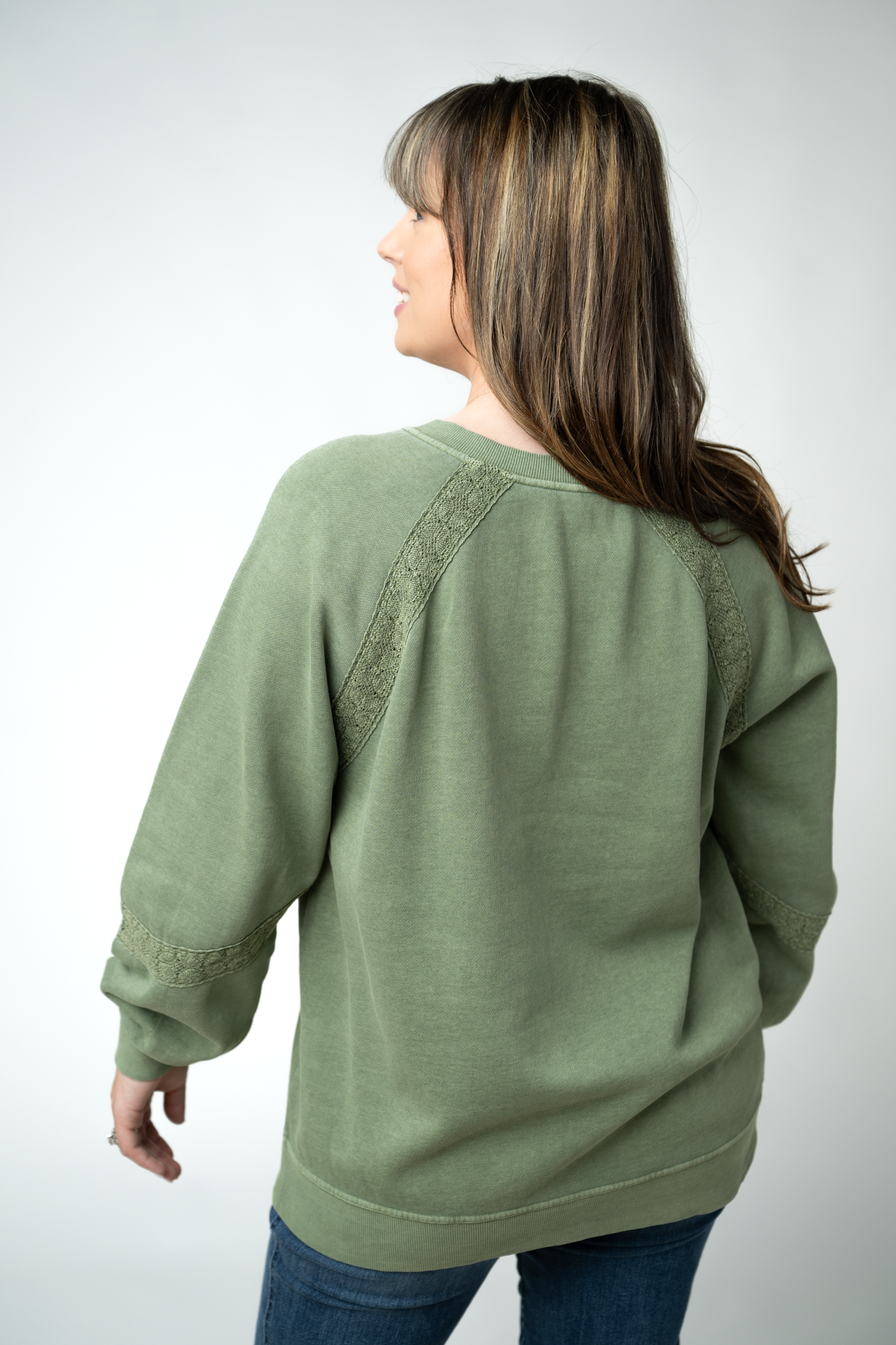 Lace Accent Vintage Wash Pullover - Olive