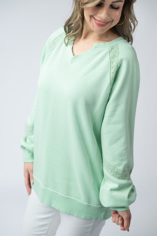 Lace Accent Vintage Wash Pullover - Mint