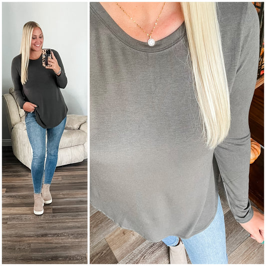 Scoop Me Up Long Sleeve Top in Ash Grey