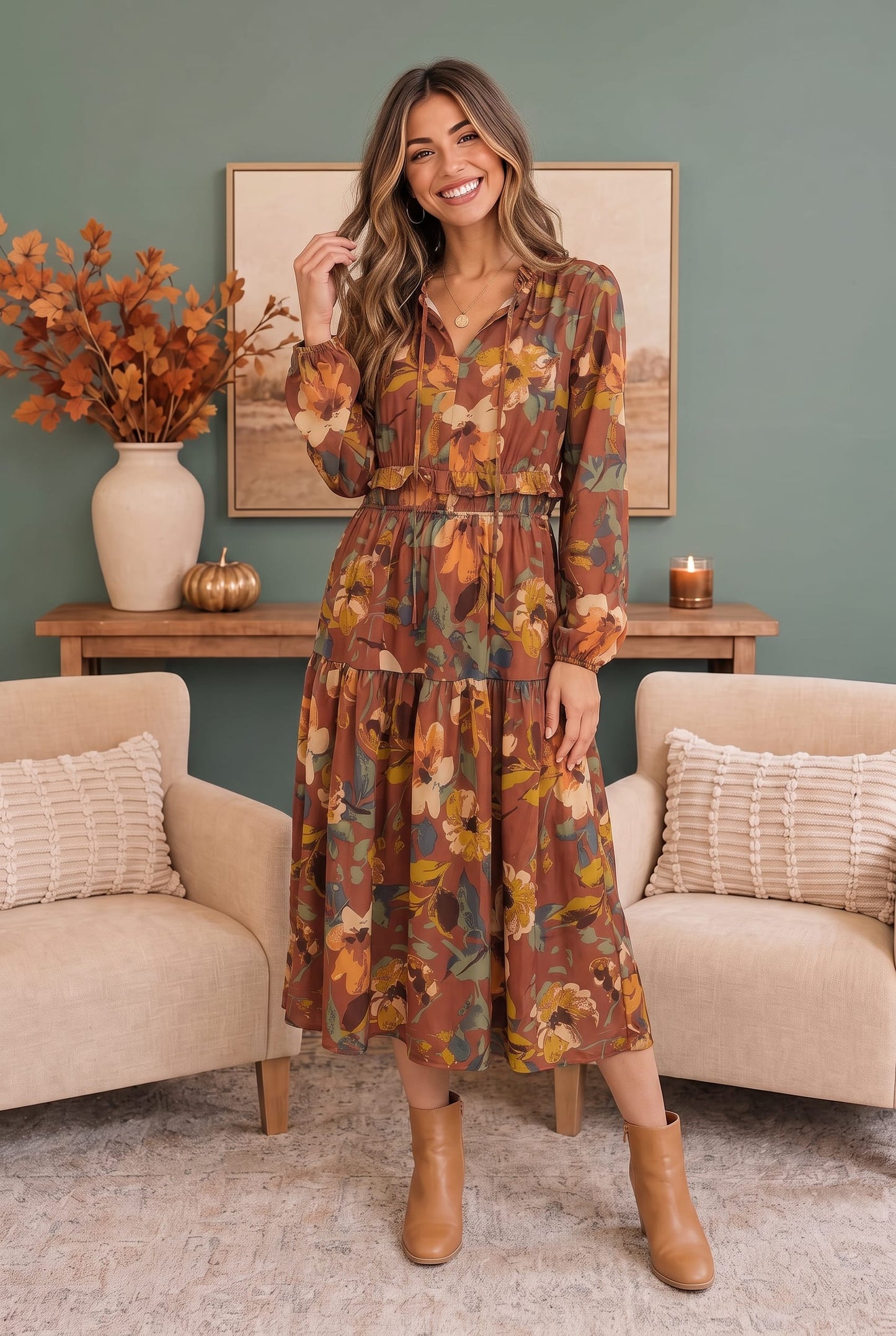 Harvest Bloom Tiered Midi Dress