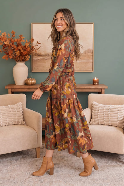 Harvest Bloom Tiered Midi Dress