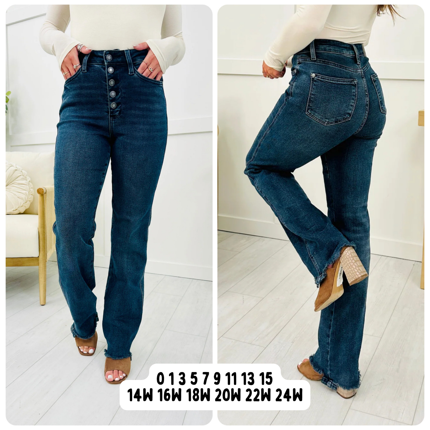 Judy Blue Button Fly Hem Destroy Straight Jeans, 32.5” inseam