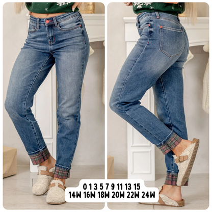 Judy Blue Plaid Print Cuff Straight Leg Jeans with Pockets, 30” Inseam