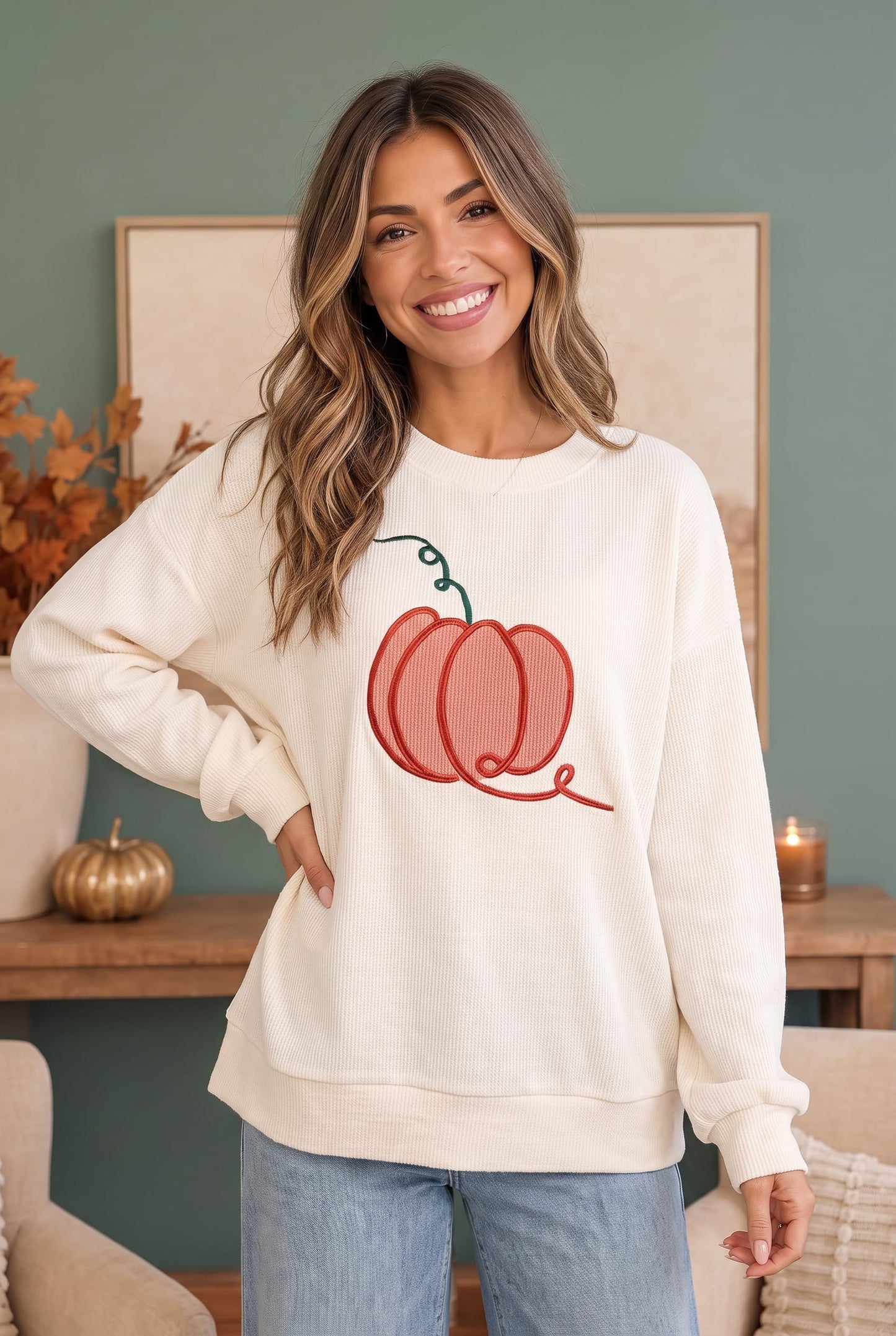 Embroidered Pumpkin Patch Corded Sweatshirt