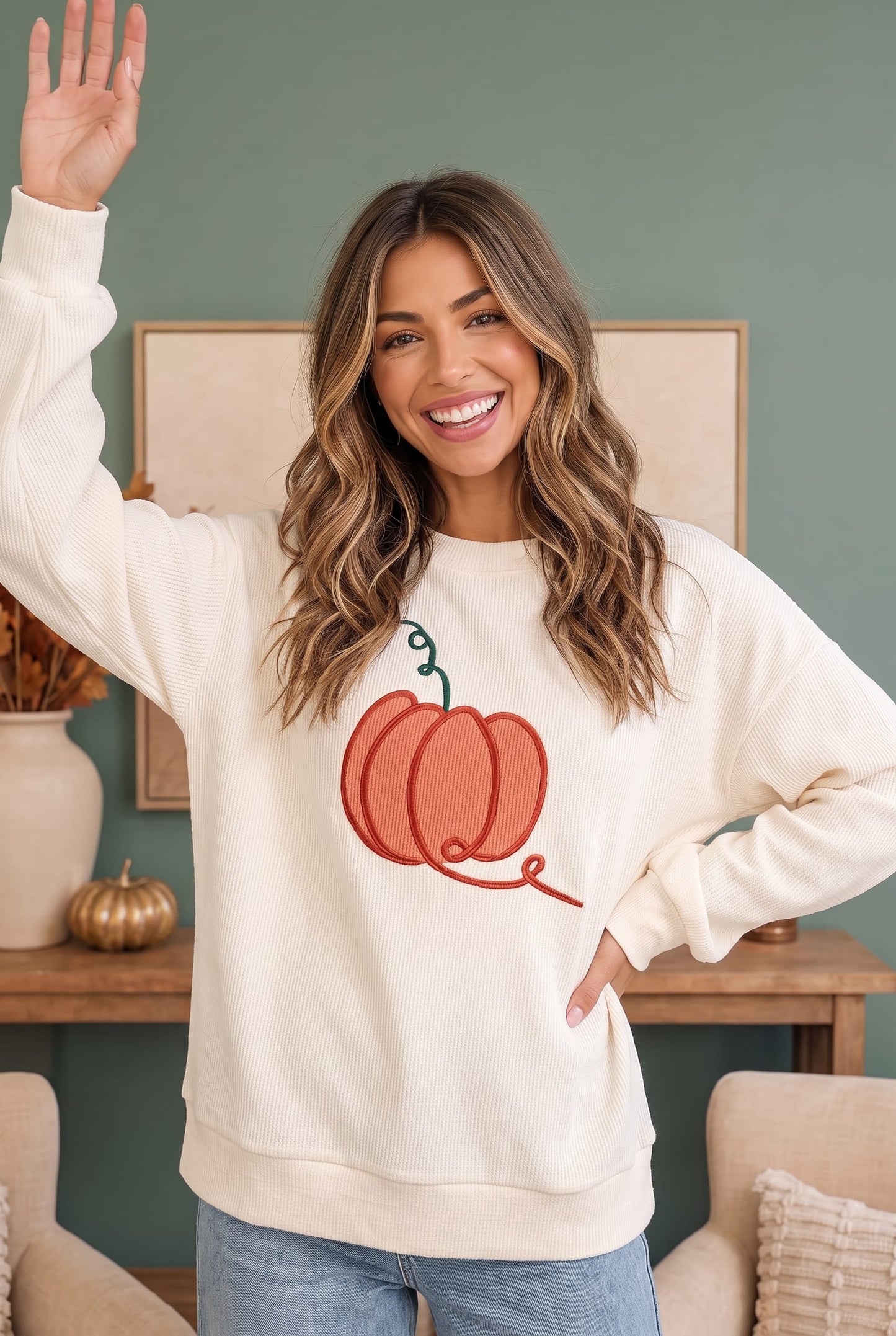 Embroidered Pumpkin Patch Corded Sweatshirt
