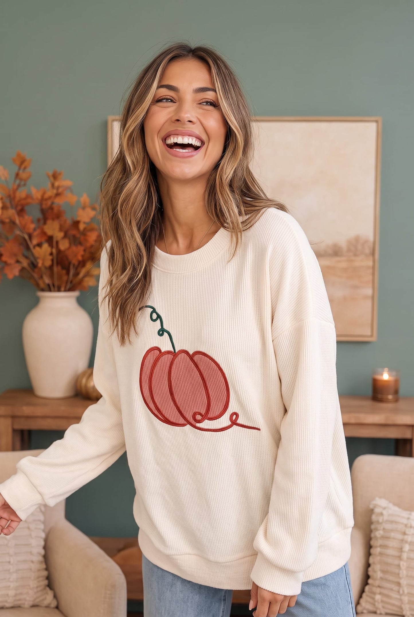 Embroidered Pumpkin Patch Corded Sweatshirt