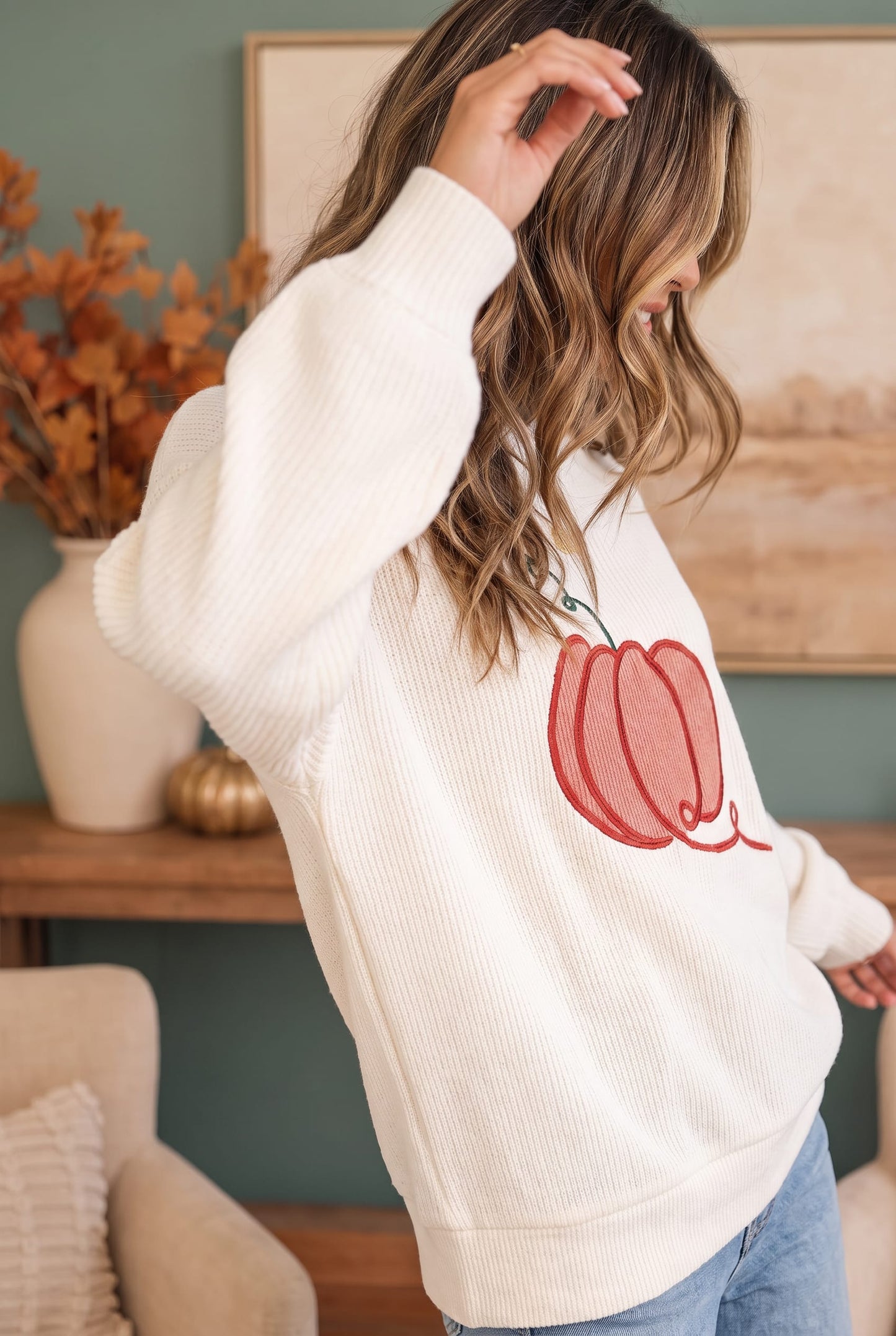 Embroidered Pumpkin Patch Corded Sweatshirt