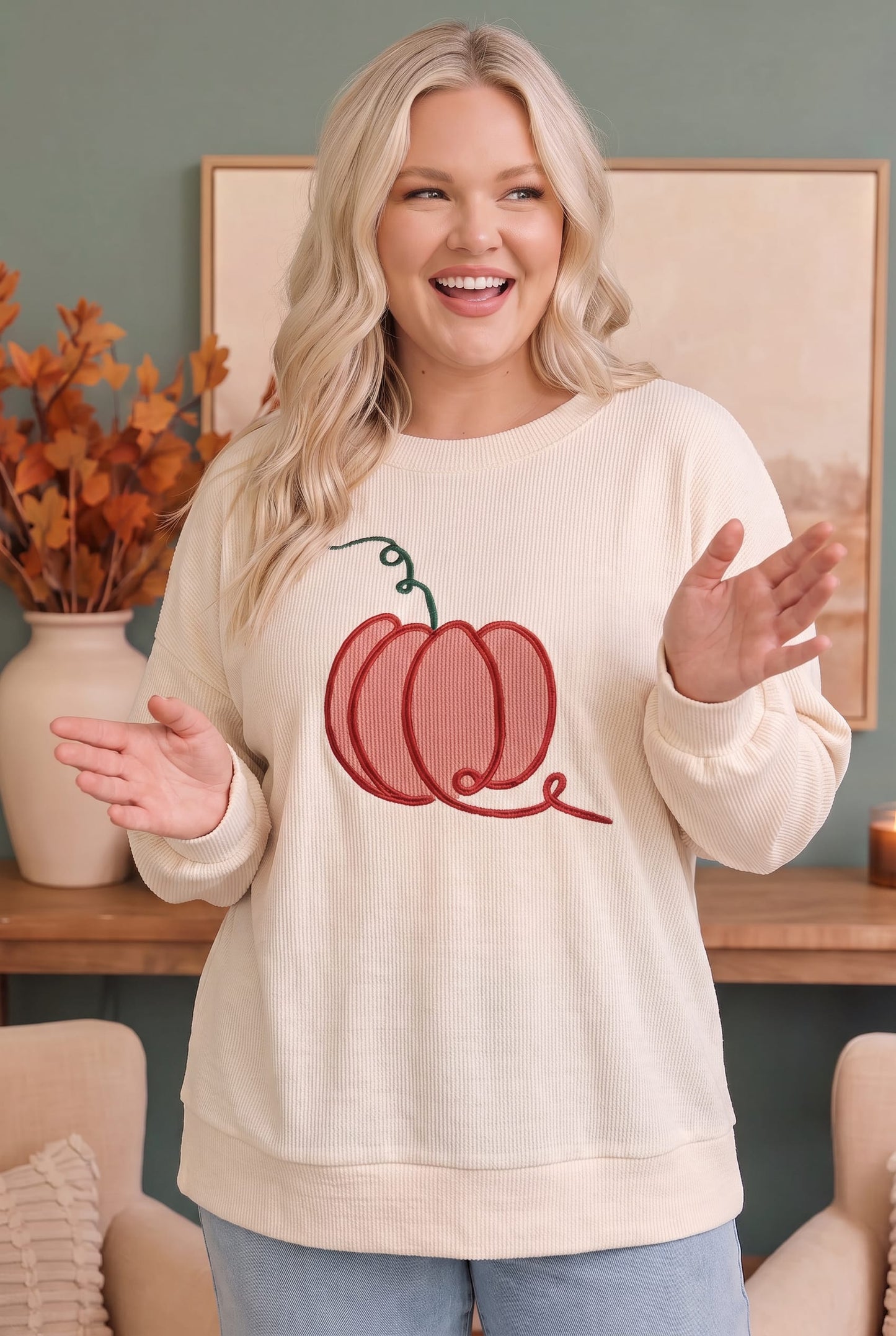 Embroidered Pumpkin Patch Corded Sweatshirt