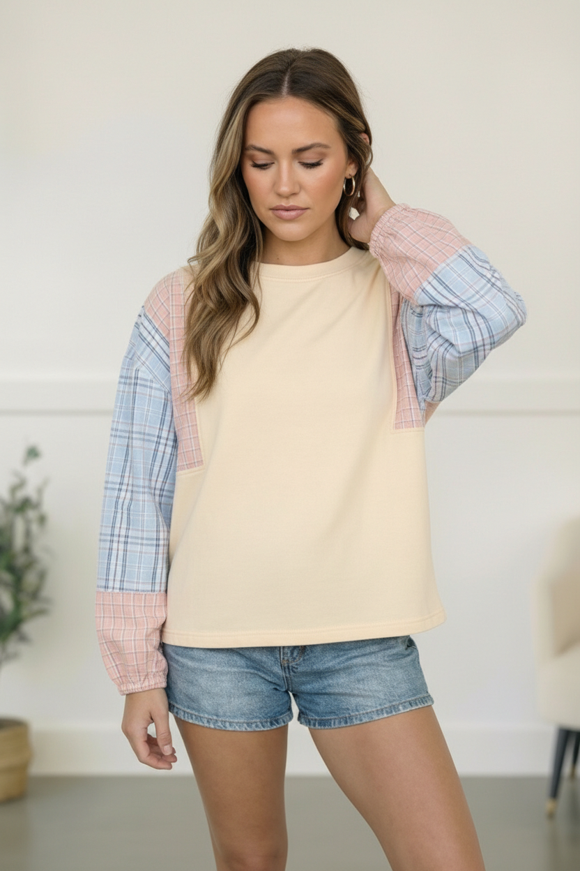My Casual Cutie Oatmeal Patchwork Top