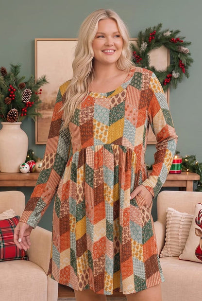 Patchwork Charm Long Sleeve Babydoll Dress
