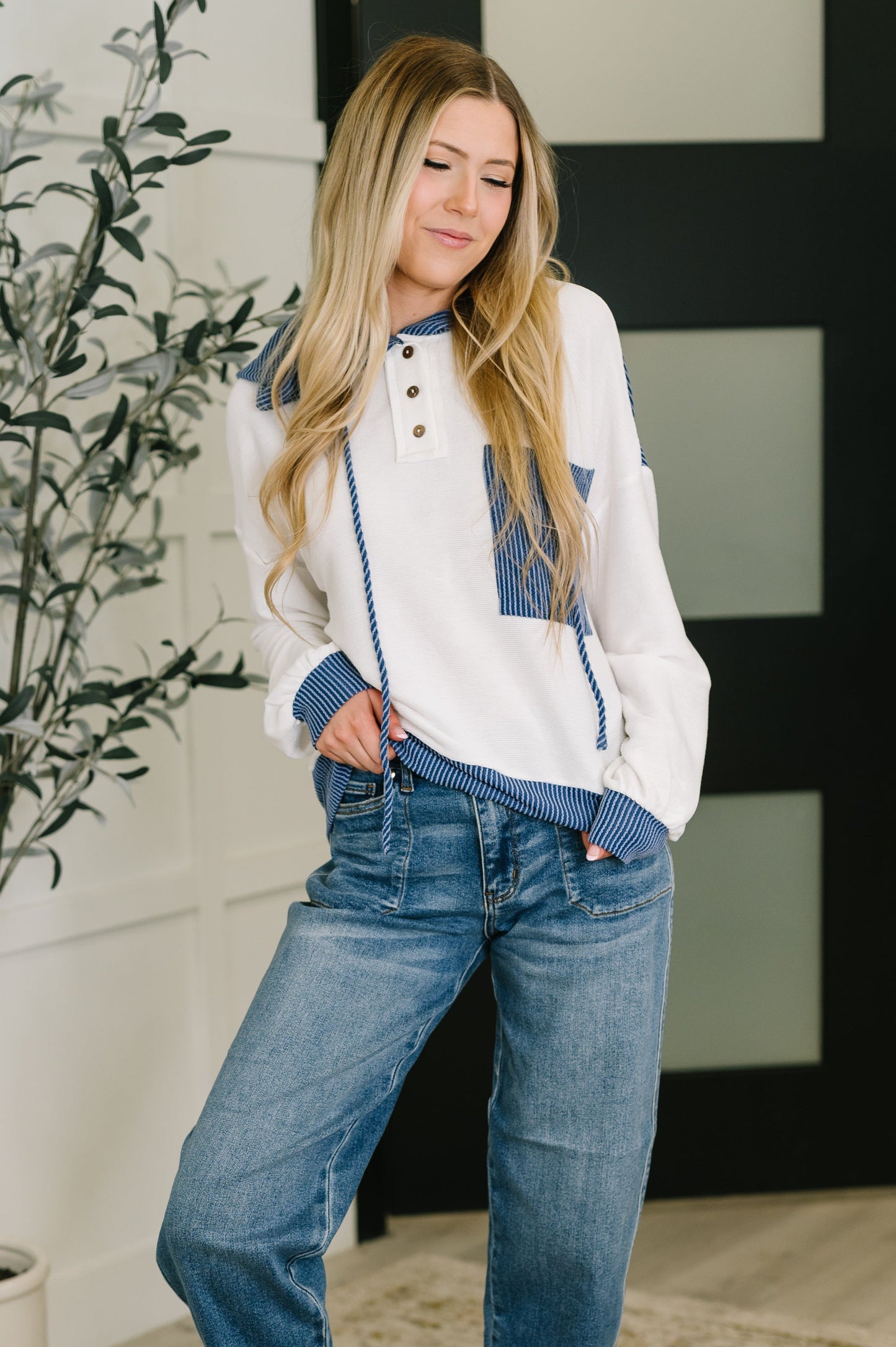 Here for Now Color Block Hoodie in Blue
