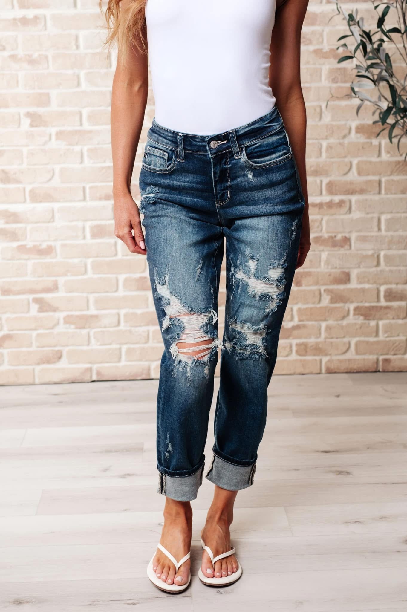 Judy Blue Full Size Mid Rise Cuffed Destroy Bf Jeans Plus Size