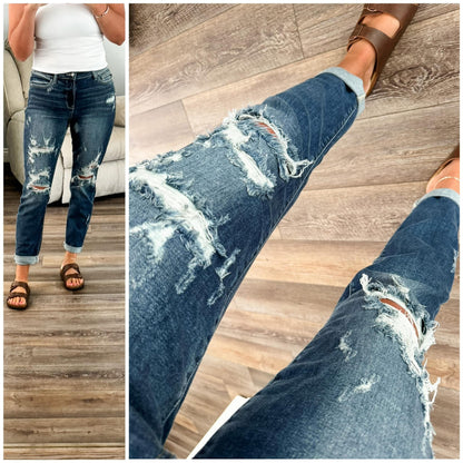 Judy Blue Full Size Mid Rise Cuffed Destroy Bf Jeans Plus Size