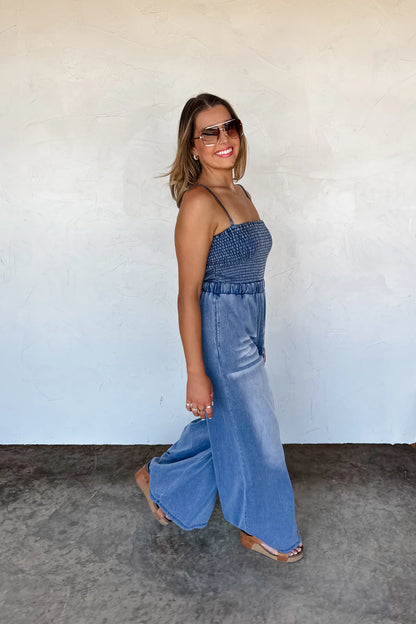Denim Crush Smocked Romper Preorder, Mid June Arrival