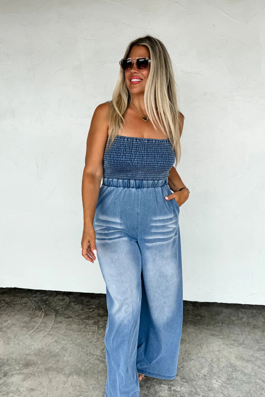 Denim Crush Smocked Romper Preorder, Mid June Arrival