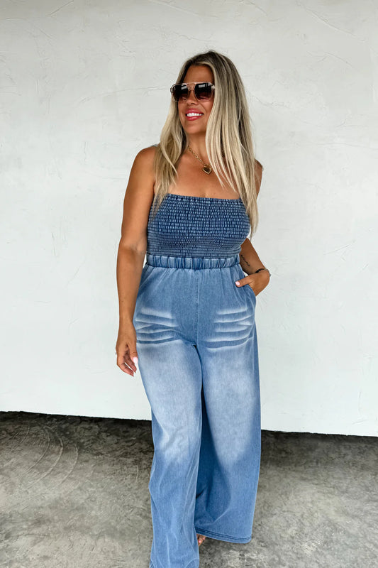 Denim Crush Smocked Romper Preorder, Mid June Arrival