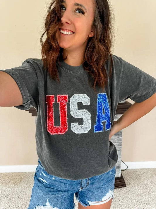 Sequin Embroidered USA Tee Preorder