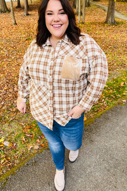 Taupe Plaid Velvet Pocket Button Down Top