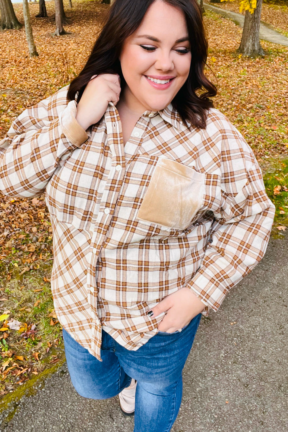 Taupe Plaid Velvet Pocket Button Down Top