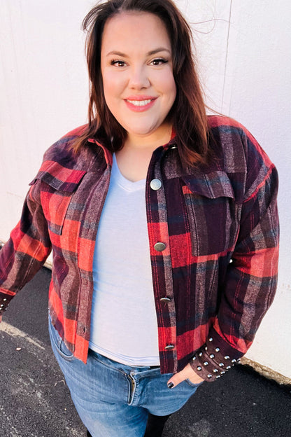 City Streets Burgundy & Rust Plaid Studded Cropped Jacket