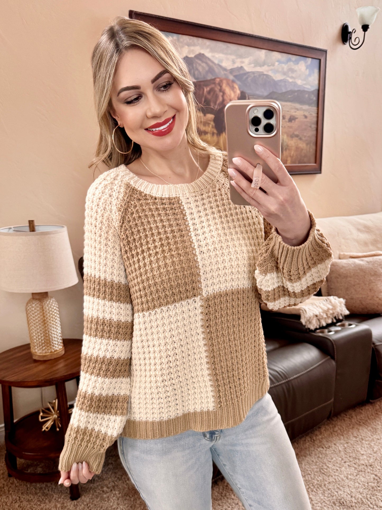 Chunky Color Block Sweater In Tan & Cream